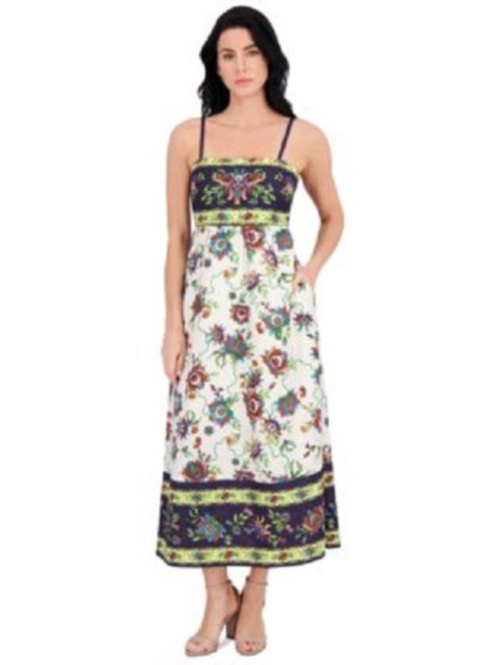 Siena Women's Printed Square-Neck Sleeveless Maxi Dress Navy Multi Size 16